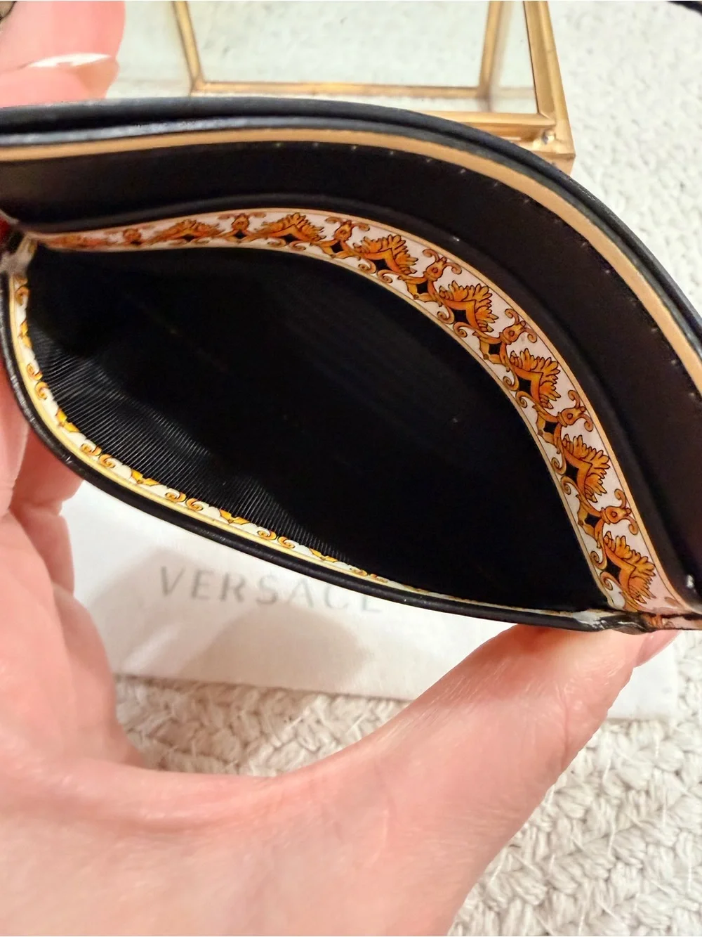 Versace Barocco Print Leather Gold Medusa Head Card Case Holder + dust bag